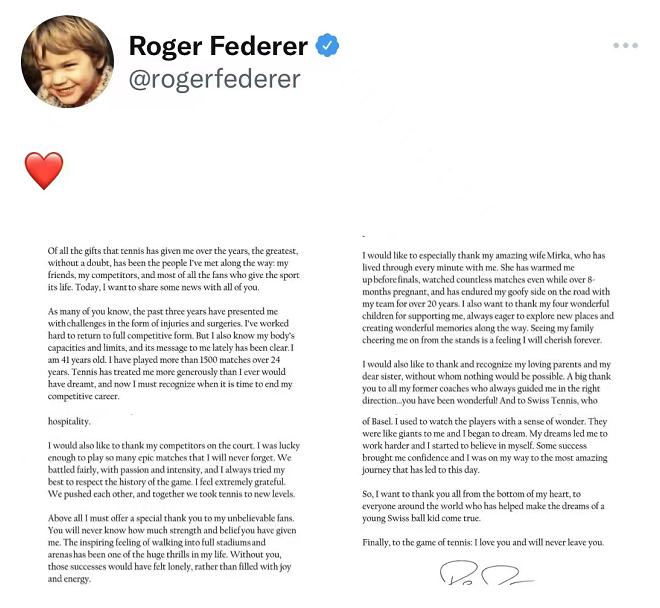 费德勒正式退役告别网坛 20座大满贯书写传奇篇